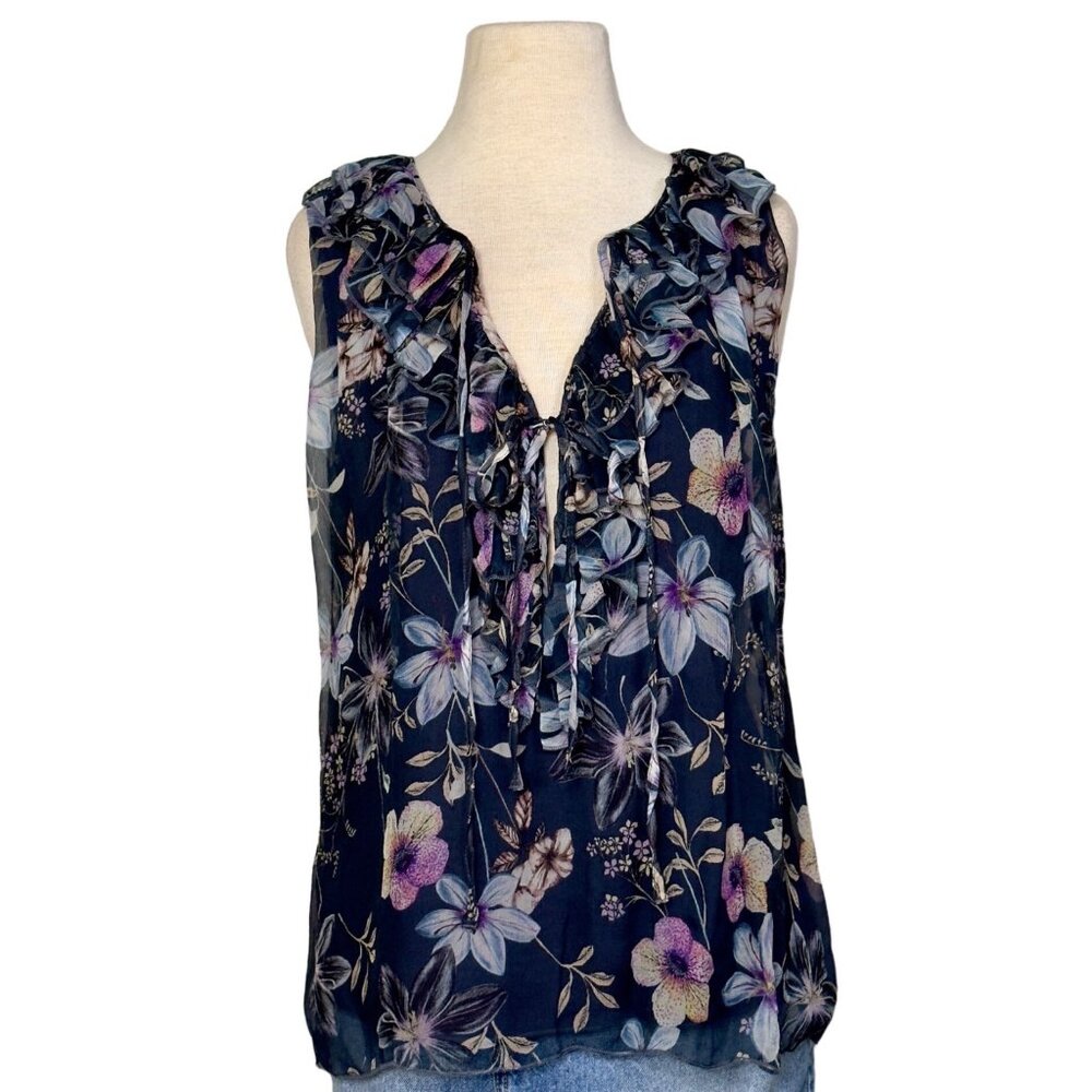 Johnny Was Navy Floral 100% Silk Travis Chiffon Ruffle Sleeveless Blouse Size S